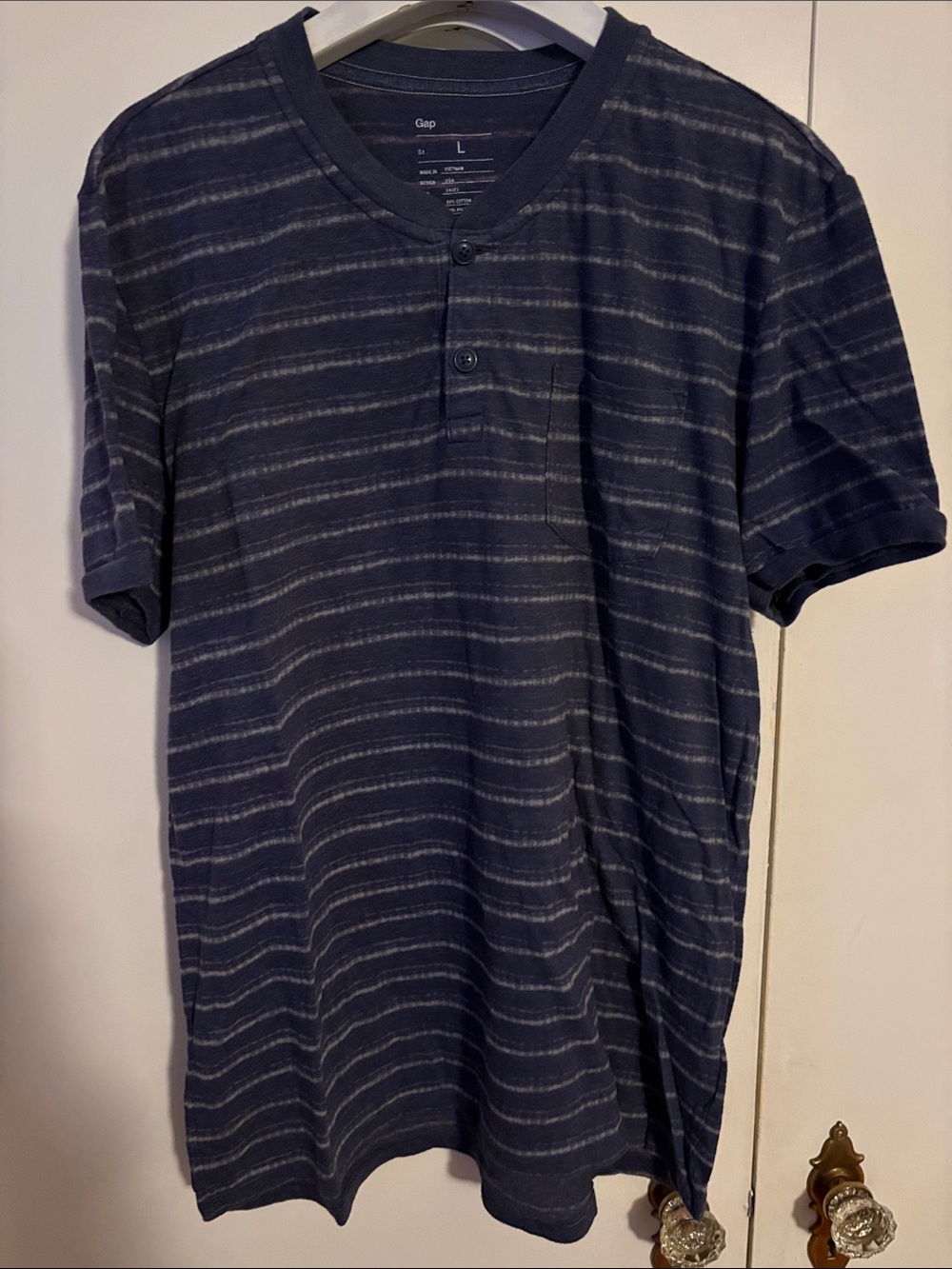 GAP Men’s Navy and Light Gray Striped Henley Tee